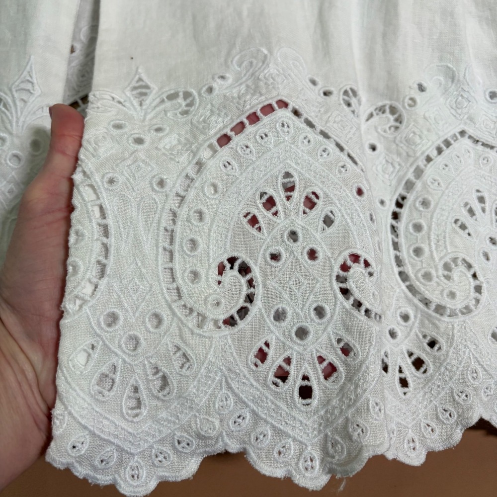 Chicos White 100% Linen 2 Piece Eyelet Embroidery Pant Set Jacket Size 0 S 4 6 - Picture 13 of 15